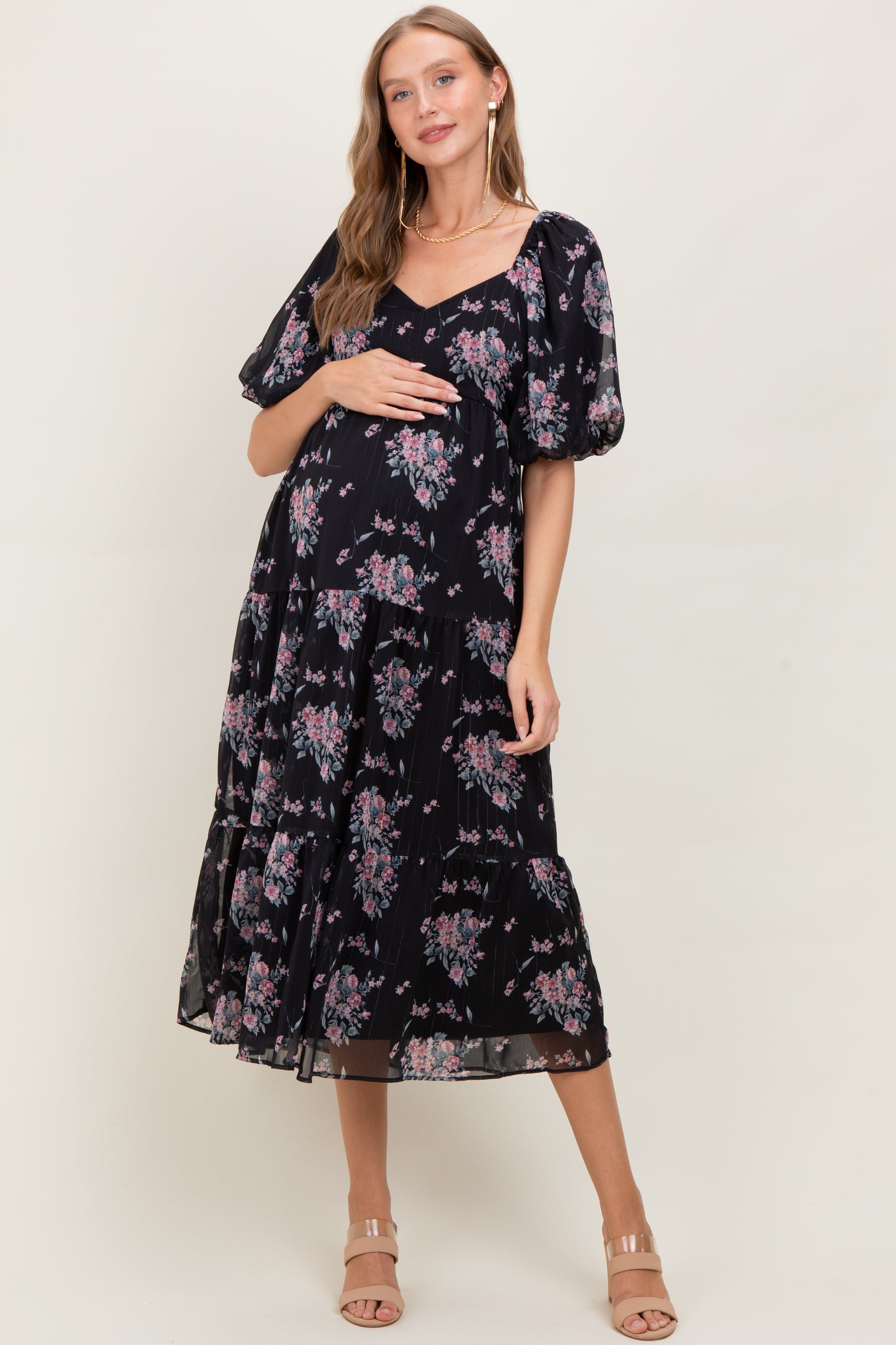 Black Floral Striped Puff Sleeve Maternity Midi Dress