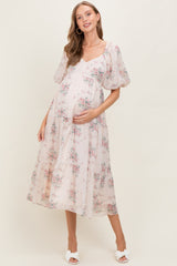 Cream Floral Striped Puff Sleeve Maternity Midi Dress