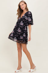 Black Floral Striped V-Neck Cutout Maternity Mini Dress