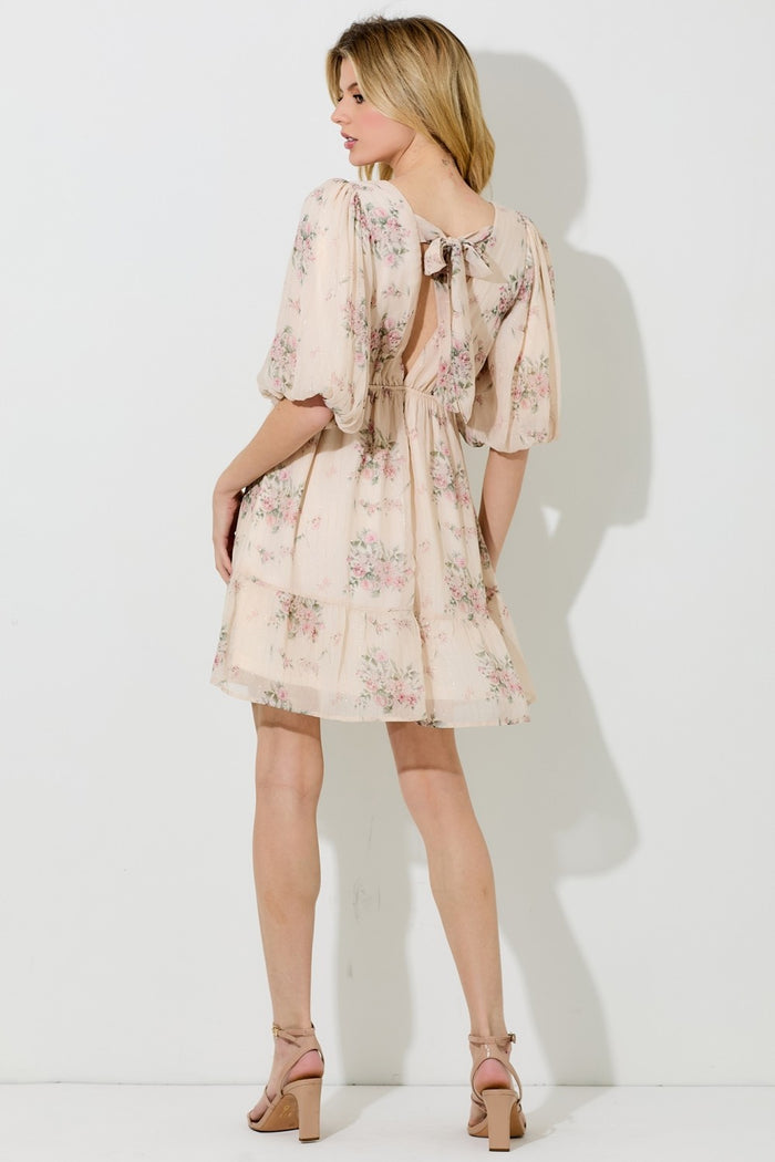 Cream Floral Striped V-Neck Cutout Mini Dress