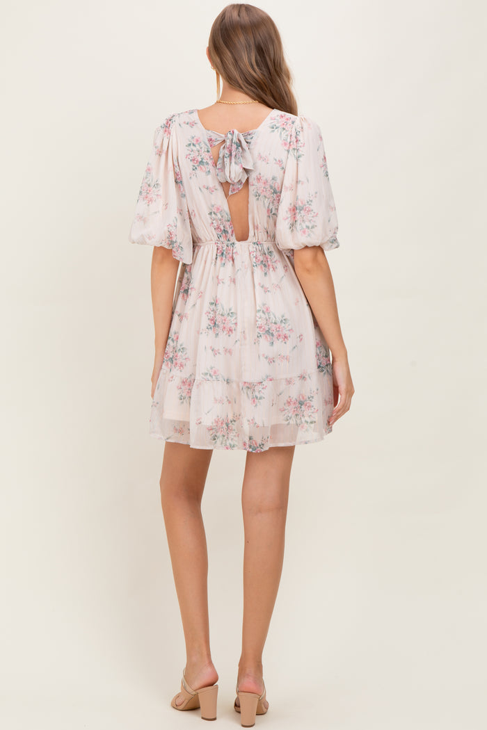 Cream Floral Striped V-Neck Cutout Maternity Mini Dress