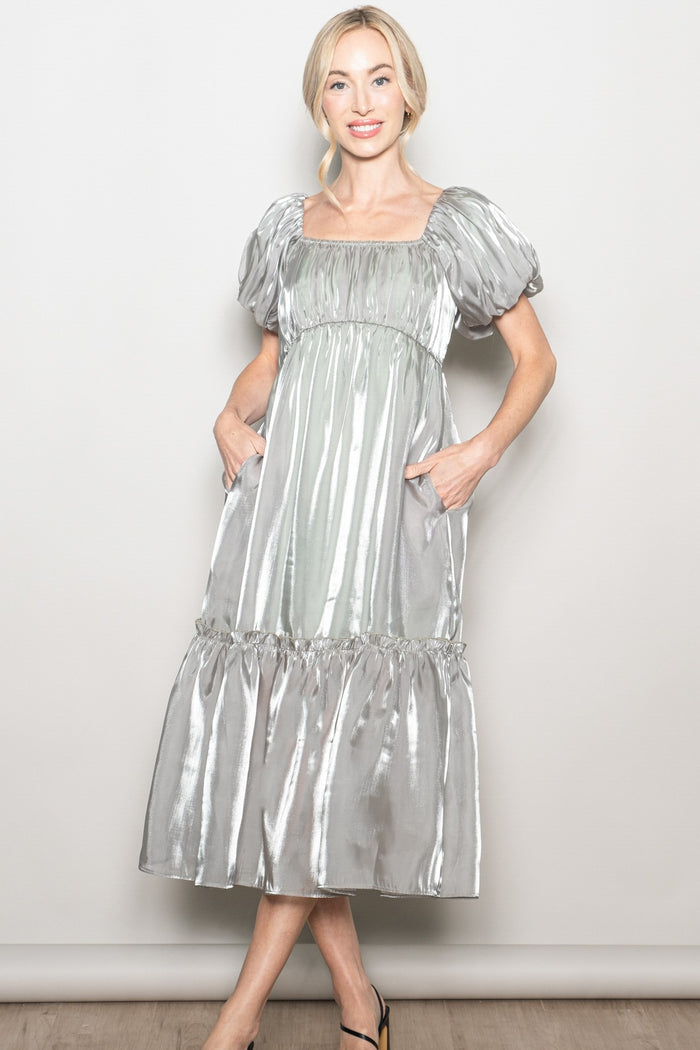 Light Olive Organza Puff Sleeve Maternity Midi Dress