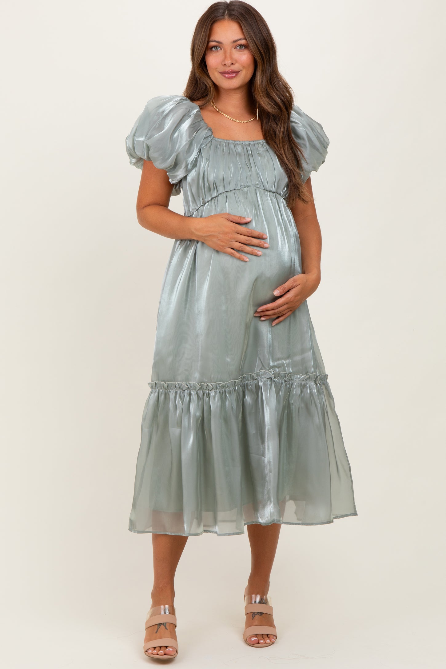 Light Olive Organza Puff Sleeve Maternity Midi Dress