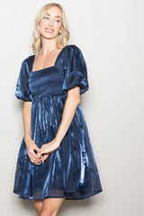 Navy Organza Smocked Puff Sleeve Maternity Mini Dress