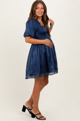 Navy Organza Smocked Puff Sleeve Maternity Mini Dress