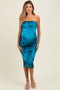 Turquoise Mesh Abstract Print Strapless Maternity Midi Dress