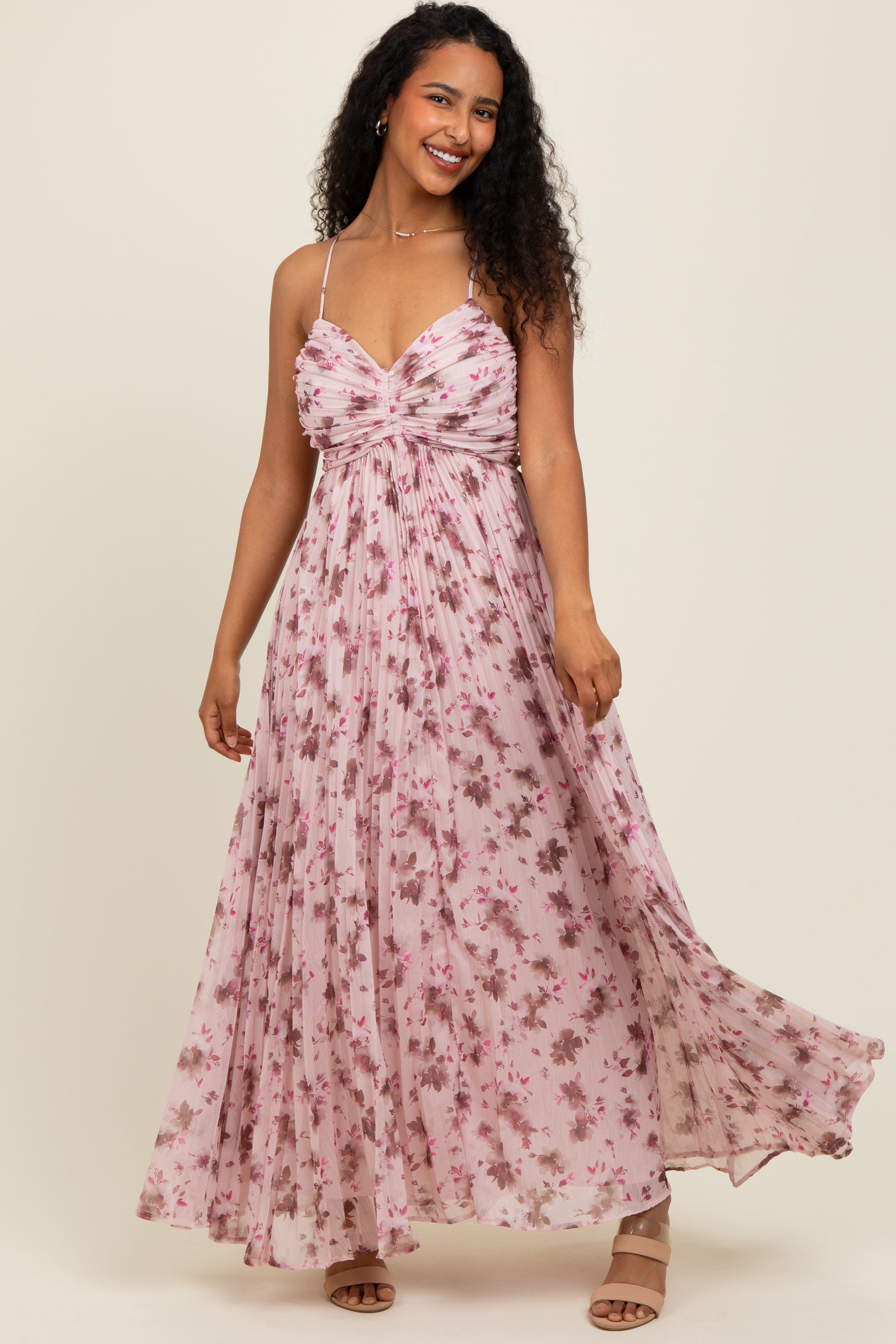 Light Pink Floral Pleated Chiffon Cutout Tie Back Maxi Dress