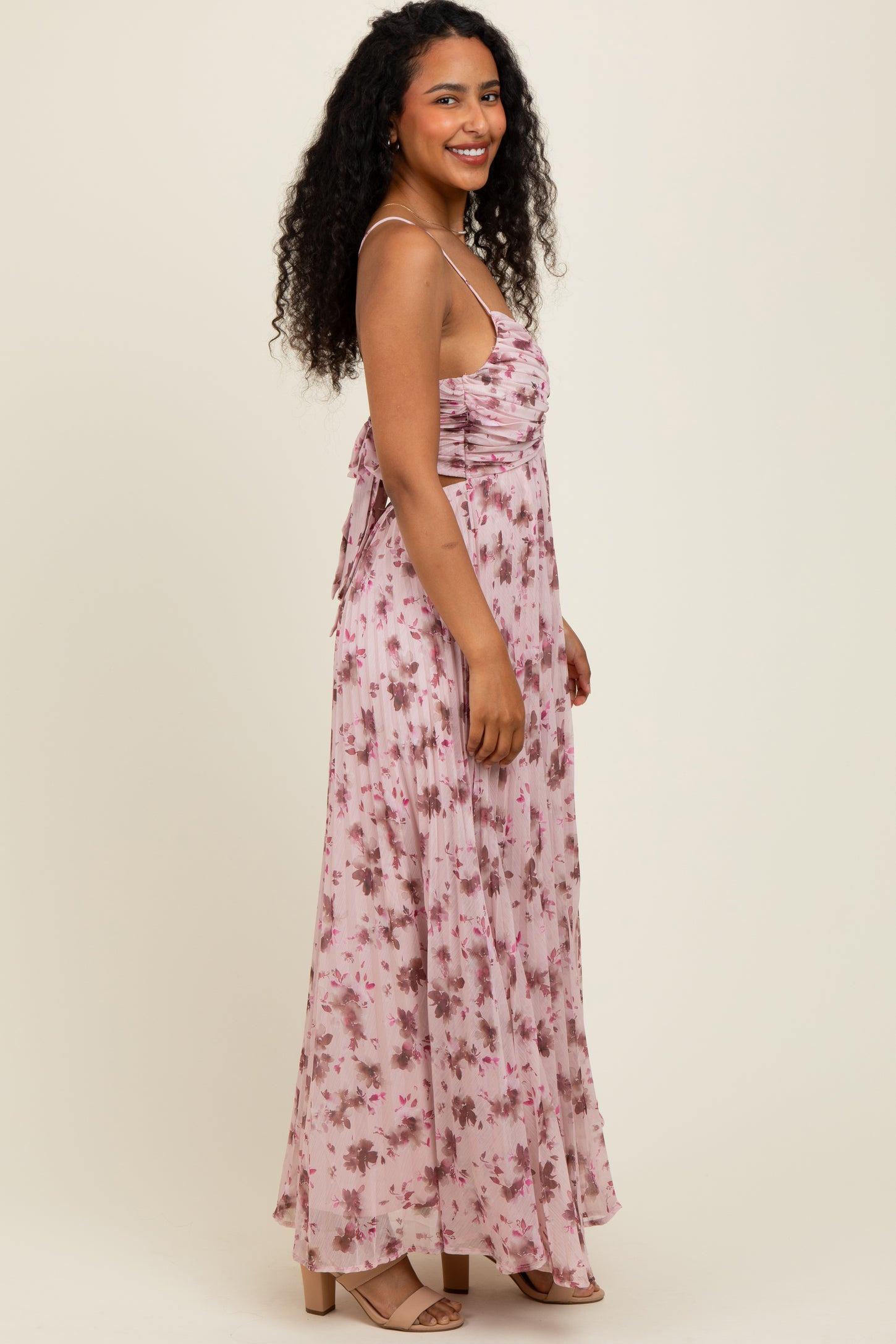Light Pink Floral Pleated Chiffon Cutout Tie Back Maxi Dress