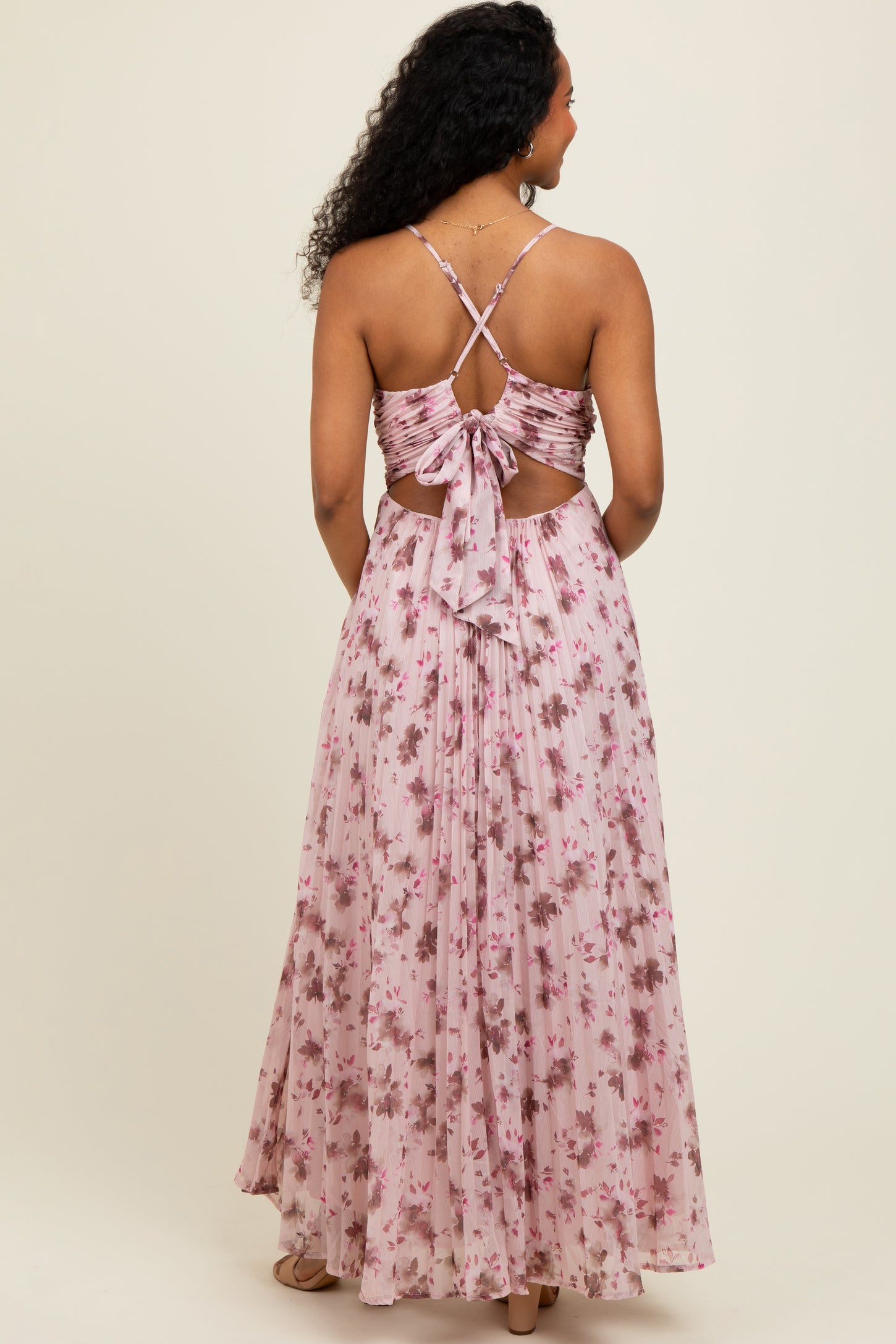 Light Pink Floral Pleated Chiffon Cutout Tie Back Maxi Dress