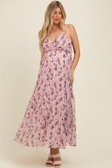 Light Pink Floral Pleated Chiffon Cutout Tie Back Maternity Maxi Dress