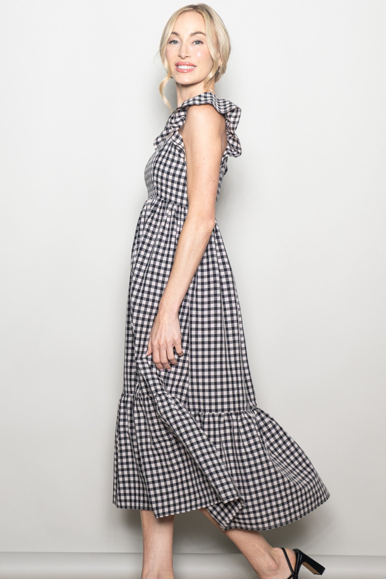 Black Gingham Ruffle Strap Midi Dress