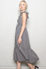 Black Gingham Ruffle Strap Midi Dress