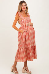 Rust Gingham Ruffle Strap Maternity Midi Dress