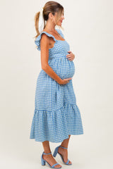 Blue Gingham Ruffle Strap Maternity Midi Dress