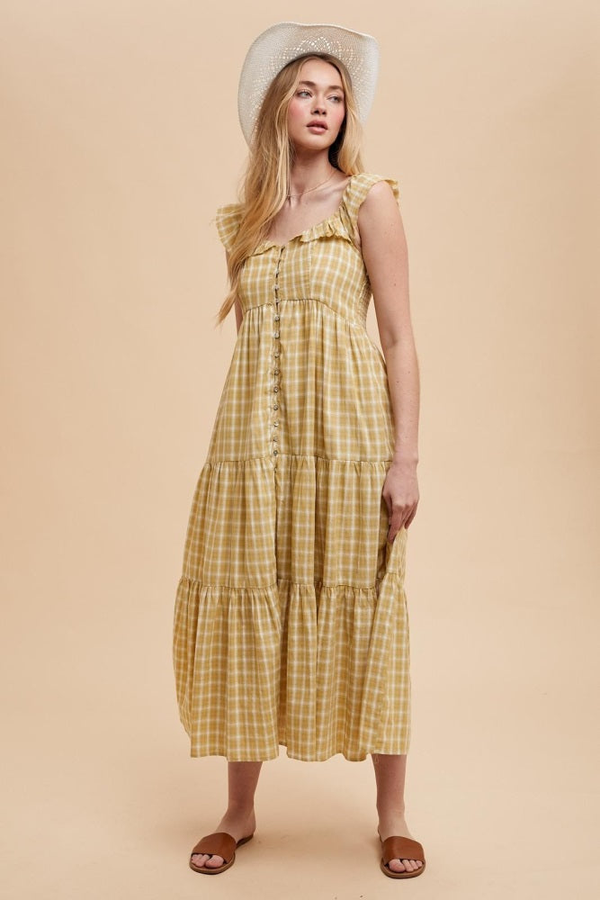 Mustard Cotton Plaid Maternity Maxi Dress