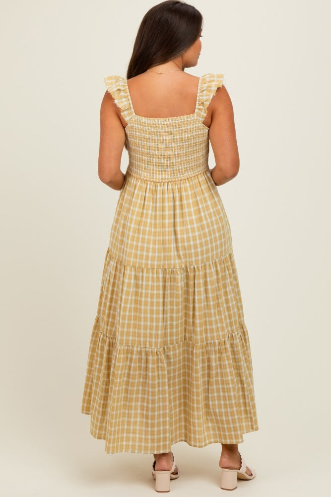 Mustard Cotton Plaid Maternity Maxi Dress