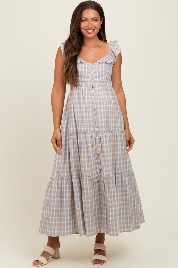 Light Blue Cotton Plaid Maternity Maxi Dress