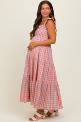 Mauve Cotton Plaid Maternity Maxi Dress