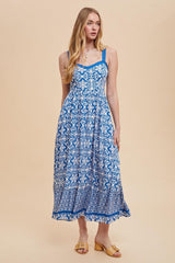 Blue Sleeveless Border Print Maxi Dress