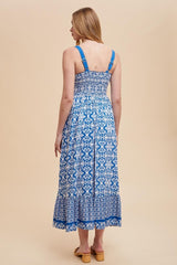 Blue Sleeveless Border Print Maxi Dress