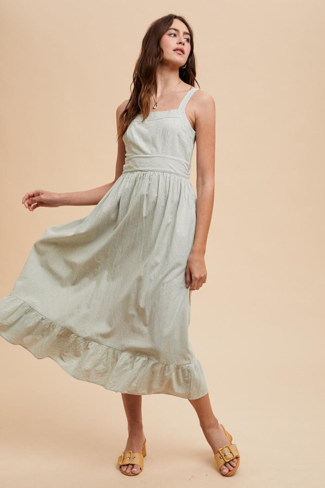 Mint Green Striped Cotton Sleeveless Dress