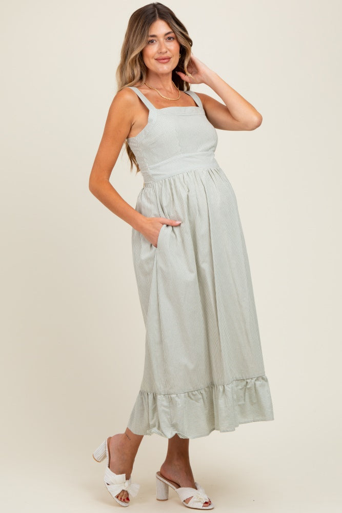 Mint Green Striped Cotton Sleeveless Maternity Dress