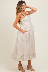 Beige Striped Cotton Sleeveless Maternity Dress