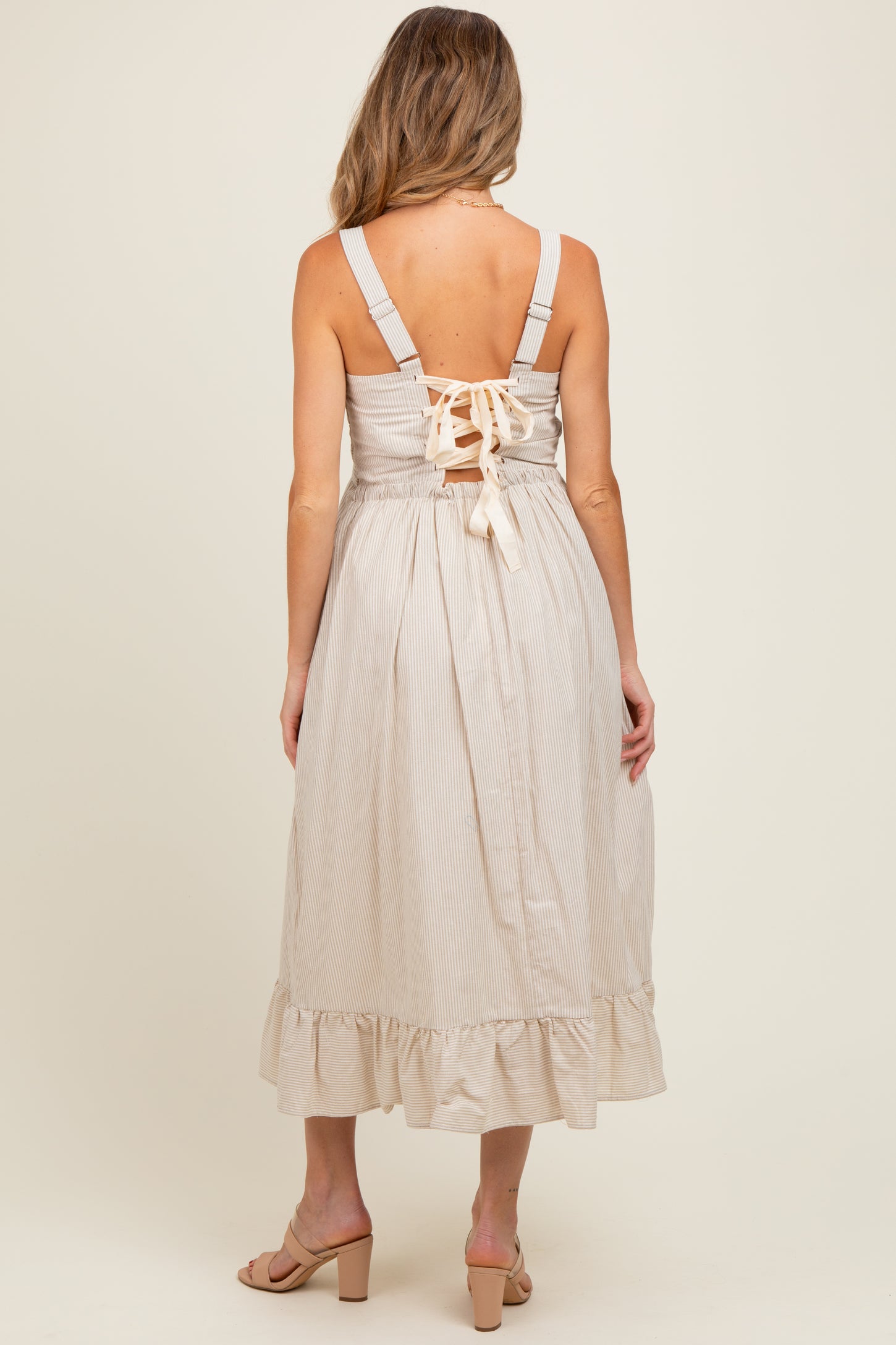 Beige Striped Cotton Sleeveless Maternity Dress