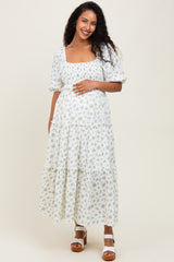 Blue Floral Smocked Ruffle Tiered Maternity Maxi Dress