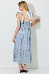 Blue Floral Gingham Shoulder Tie Midi Dress