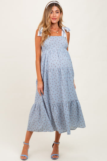 Blue Floral Gingham Shoulder Tie Maternity Midi Dress