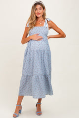 Blue Floral Gingham Shoulder Tie Maternity Midi Dress