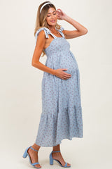 Blue Floral Gingham Shoulder Tie Maternity Midi Dress