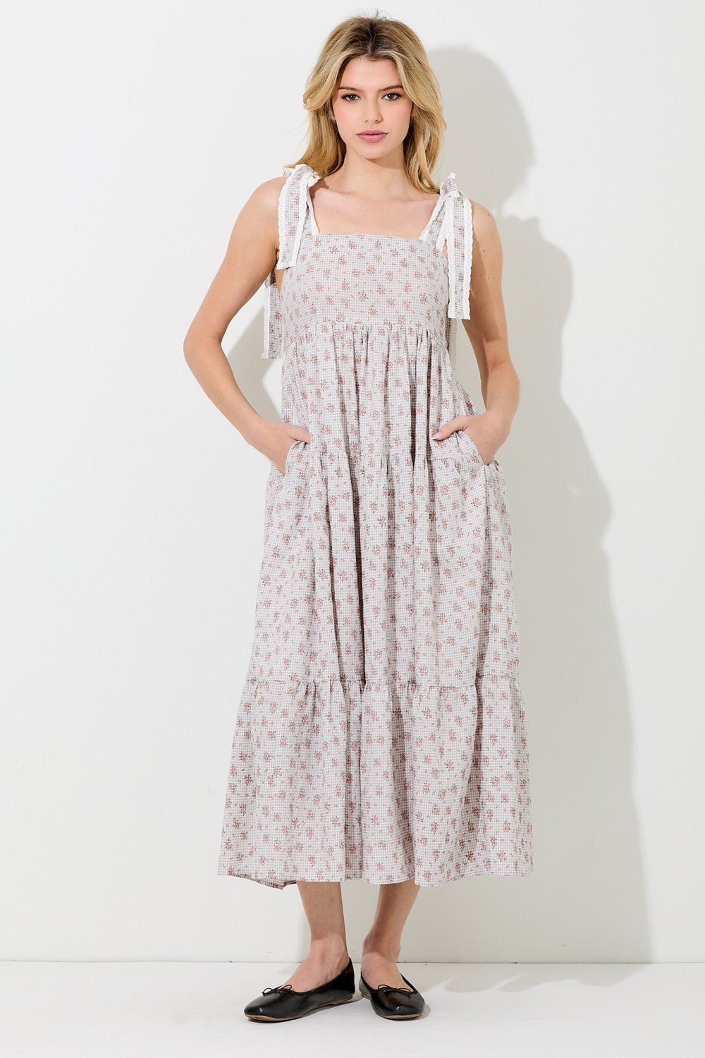 Light Taupe Floral Gingham Shoulder Tie Maternity Midi Dress