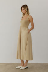 Light Camel Contrast Knit Poplin Sleeveless Midi Dress