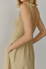 Light Camel Contrast Knit Poplin Sleeveless Midi Dress