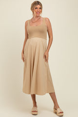 Light Camel Contrast Knit Poplin Sleeveless Maternity Midi Dress