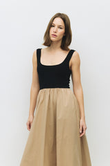 Beige Black Contrast Knit Poplin Sleeveless Midi Dress