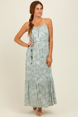 Light Olive Floral Sleeveless Waist Tie Maxi Dress