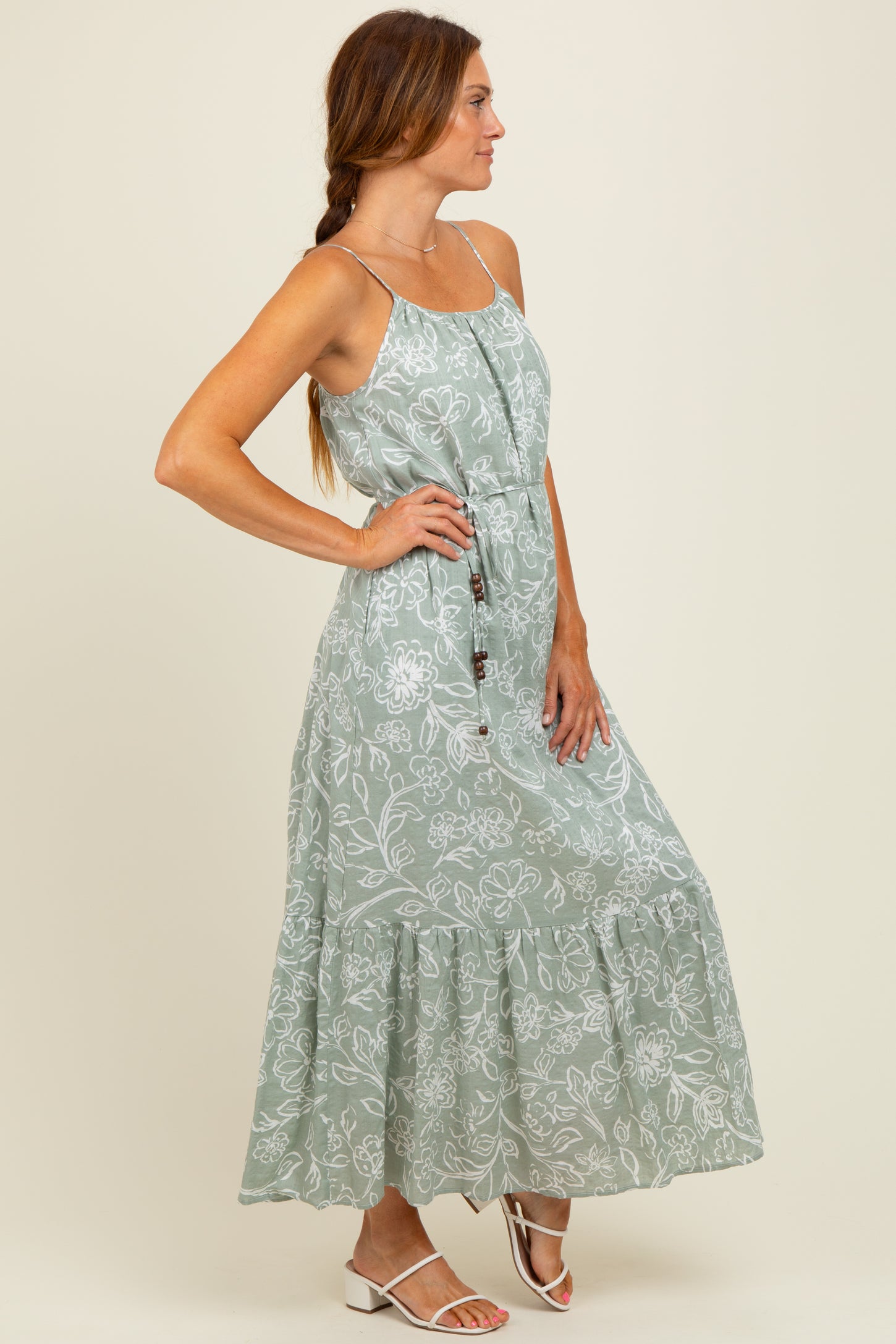 Light Olive Floral Sleeveless Waist Tie Maxi Dress