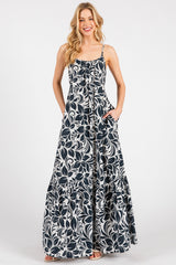 Charcoal Floral Waist Tie Maxi Dress