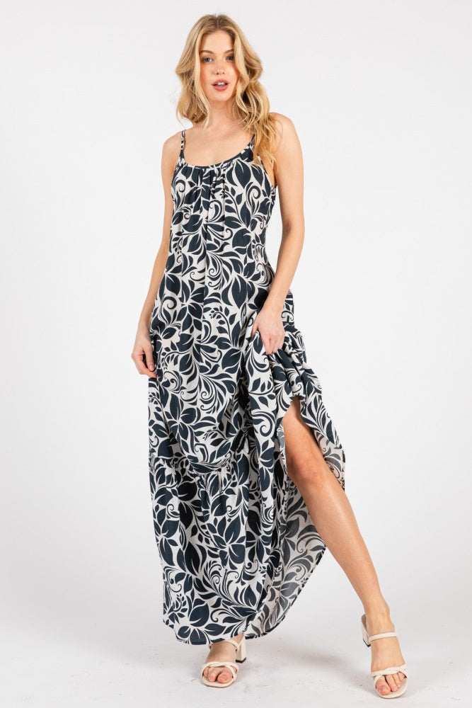 Charcoal Floral Waist Tie Maternity Maxi Dress