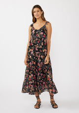 Black Floral Chiffon Button Front Midi Dress