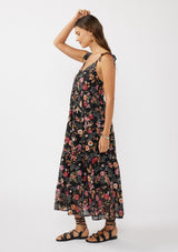 Black Floral Chiffon Button Front Midi Dress