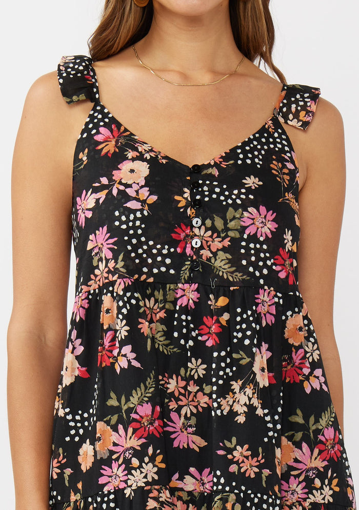 Black Floral Chiffon Button Front Midi Dress