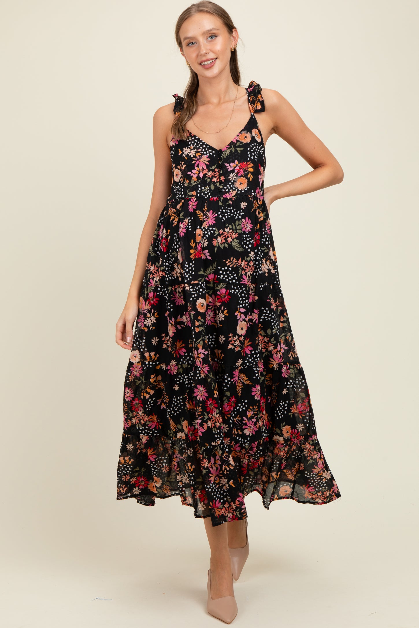 Black Floral Chiffon Button Front Maternity Midi Dress