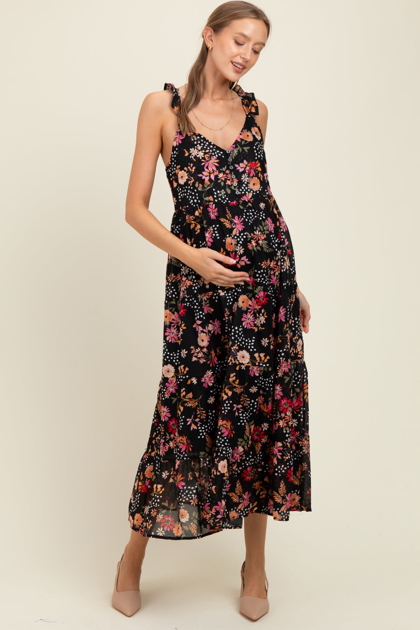 Black Floral Chiffon Button Front Maternity Midi Dress