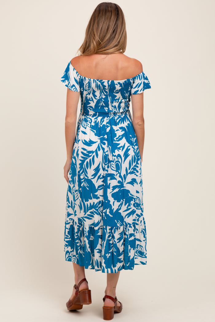 Blue Cream Smocked Top Maternity Midi Dress