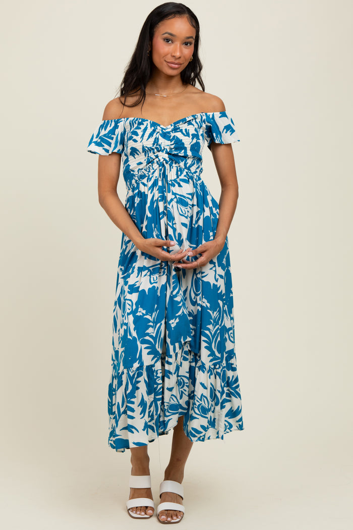 Blue Cream Smocked Top Midi Dress