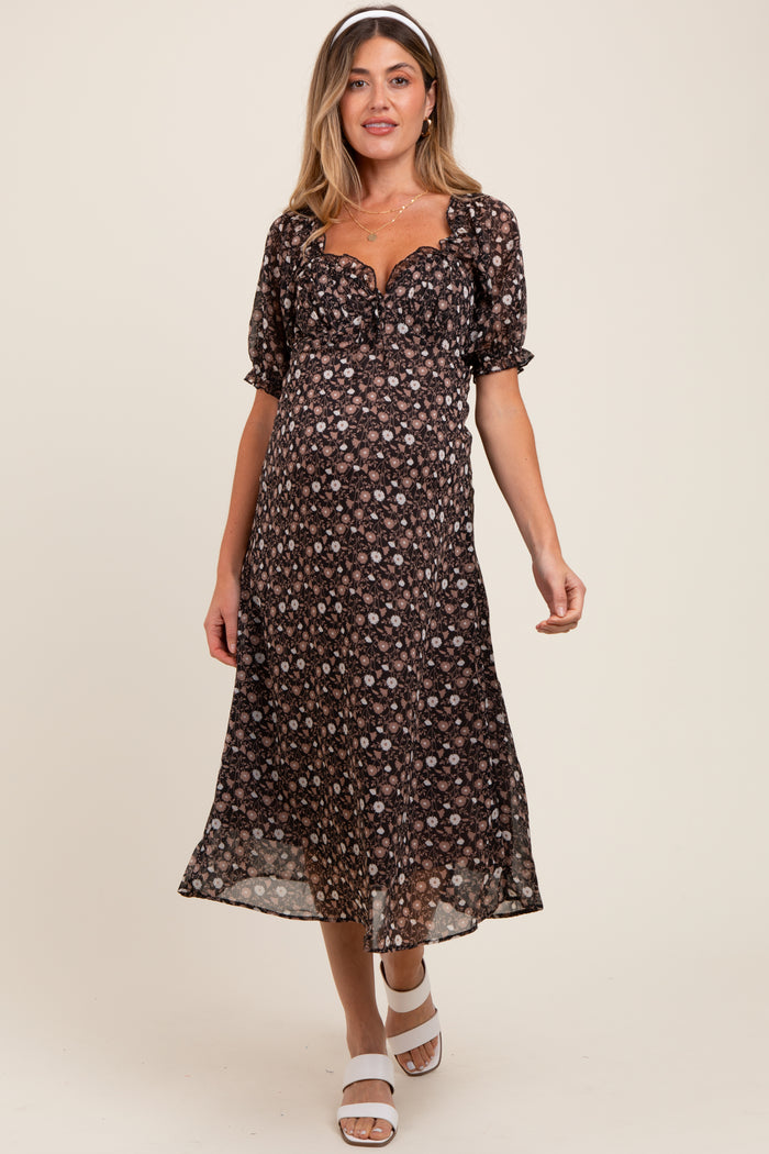 Black Floral Chiffon Sweetheart Puff Sleeve Maternity Midi Dress